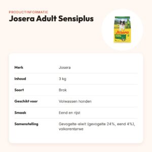Josera hondenvoer Adult Sensiplus 3 kg – eend en rijst, glutenvrij – productinformatie