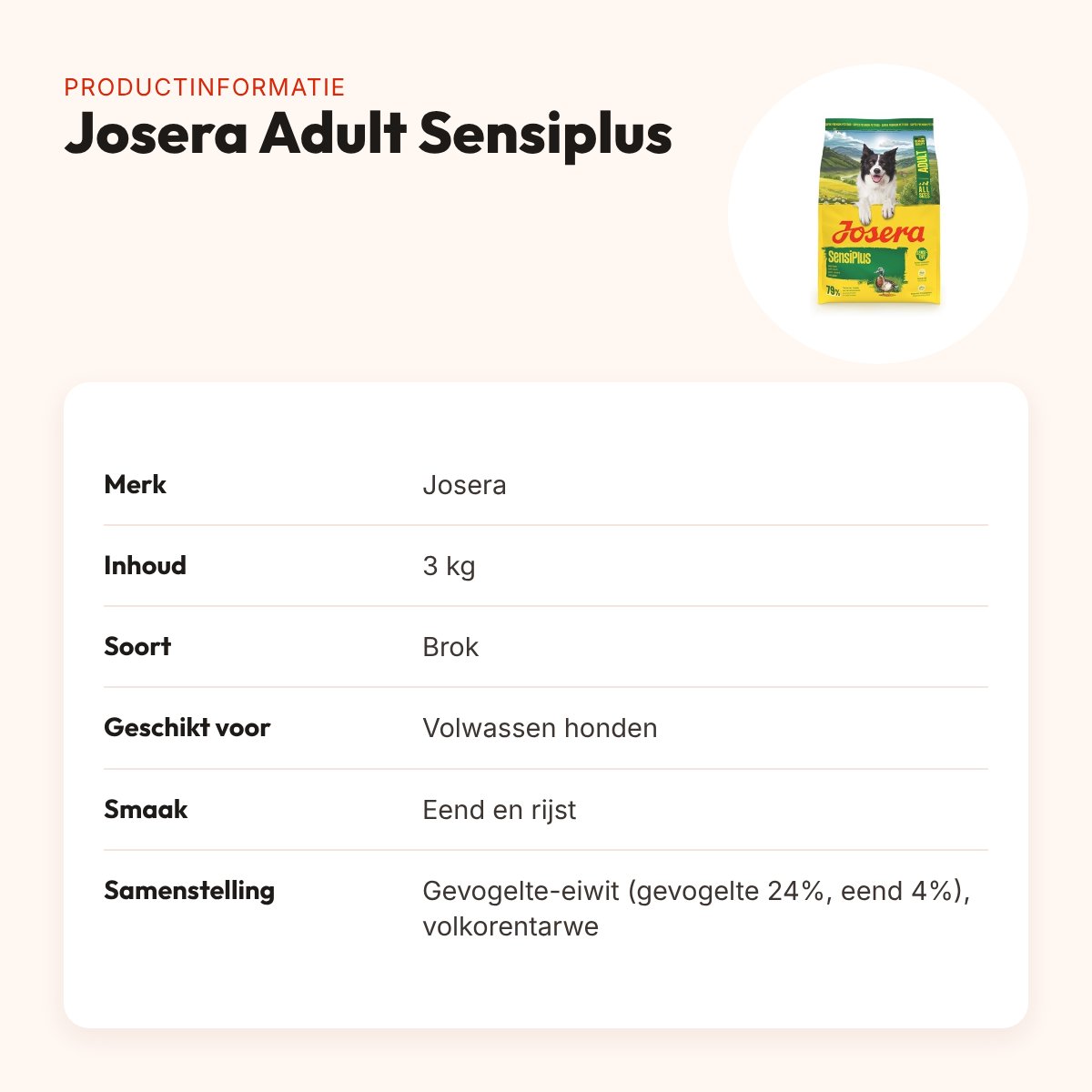 Josera hondenvoer Adult Sensiplus 3 kg – eend en rijst, glutenvrij – productinformatie