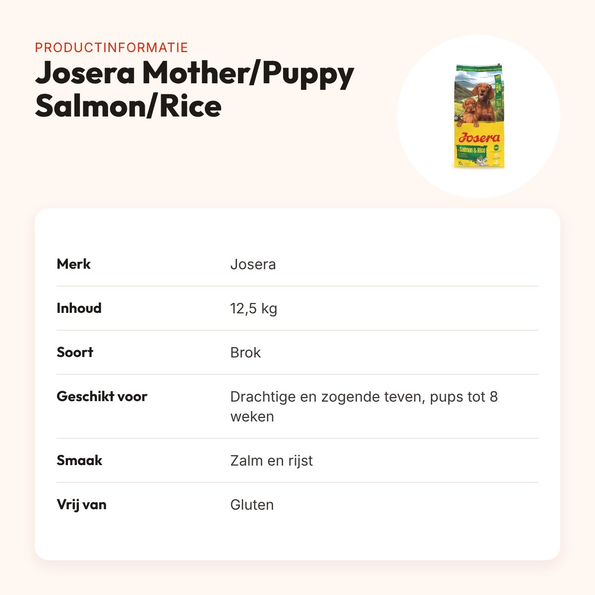 Josera hondenvoer All Sizes Mother/Puppy Salmon/Rice 12,5 kg – glutenvrij – productinformatie
