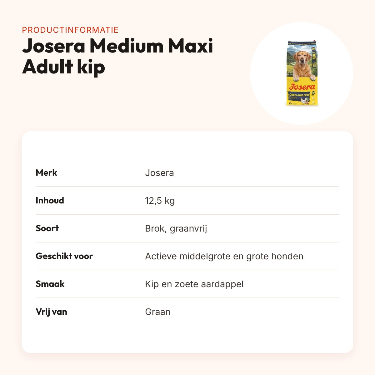 Josera hondenvoer Medium Maxi Adult kip/zoete aardappel 12,5 kg – graanvrij – productinformatie