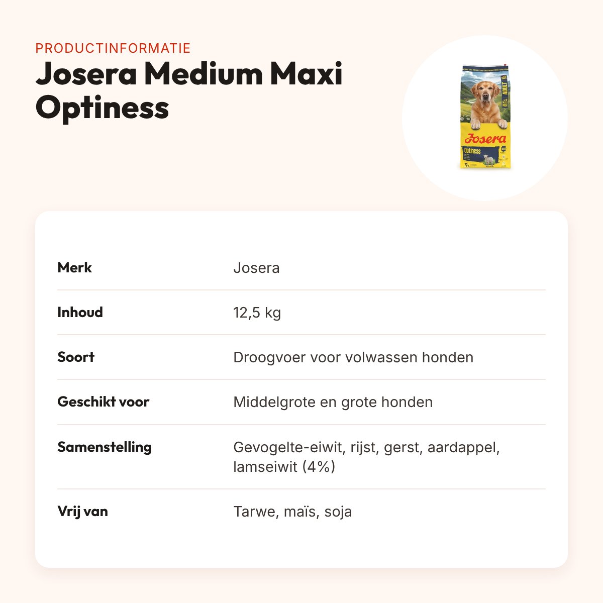 Josera hondenvoer Medium Maxi Adult Optiness 12,5 kg – tarwevrij – productinformatie