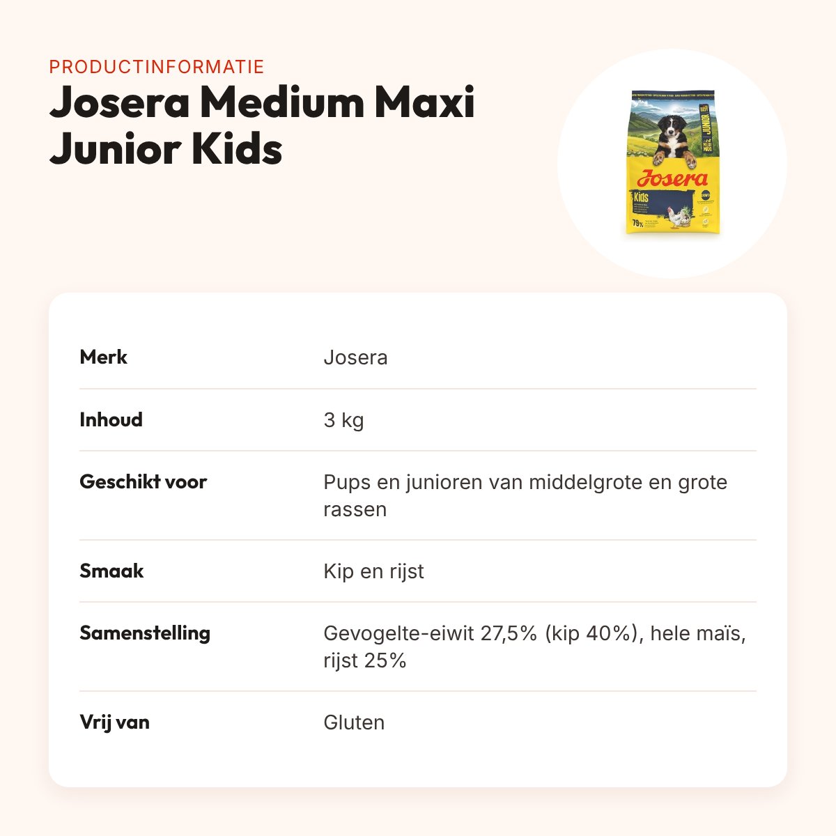 Josera hondenvoer Medium Maxi Junior Kids 3 kg – puppyvoer kip, glutenvrij – productinformatie