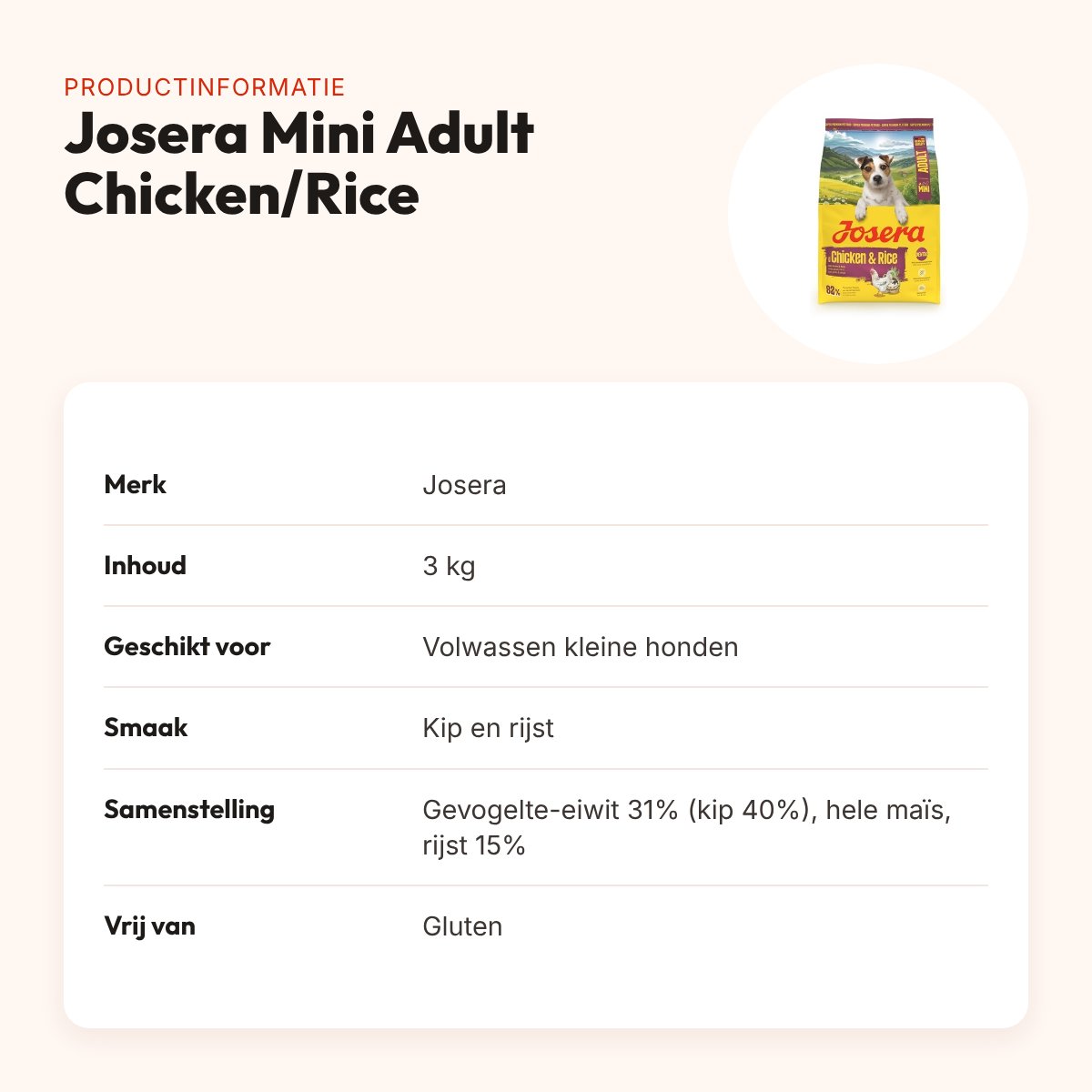 Josera hondenvoer Mini Adult Chicken/Rice 3 kg – kip en rijst, glutenvrij – productinformatie