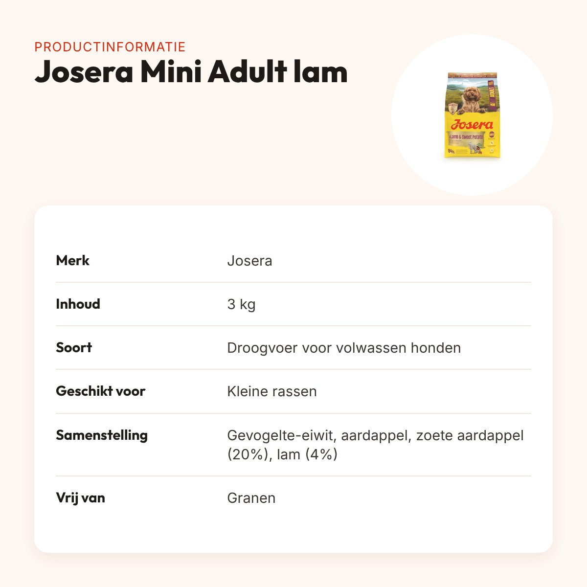 Josera hondenvoer Mini Adult lam en zoete aardappel 3 kg – graanvrij – productinformatie