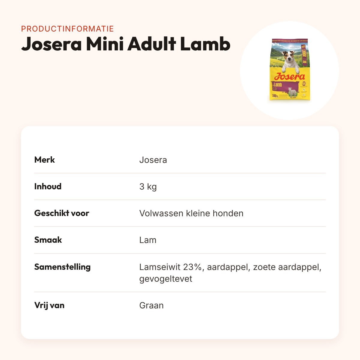Josera hondenvoer Mini Adult Lamb 3 kg – lam, graanvrij – productinformatie