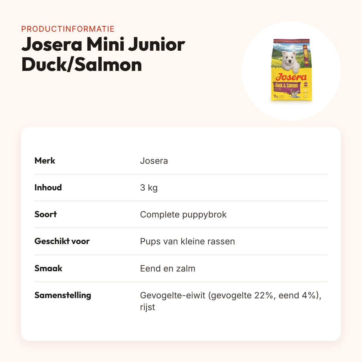 Josera hondenvoer Mini Junior Duck/Salmon 3 kg – puppyvoer, eend en zalm – productinformatie