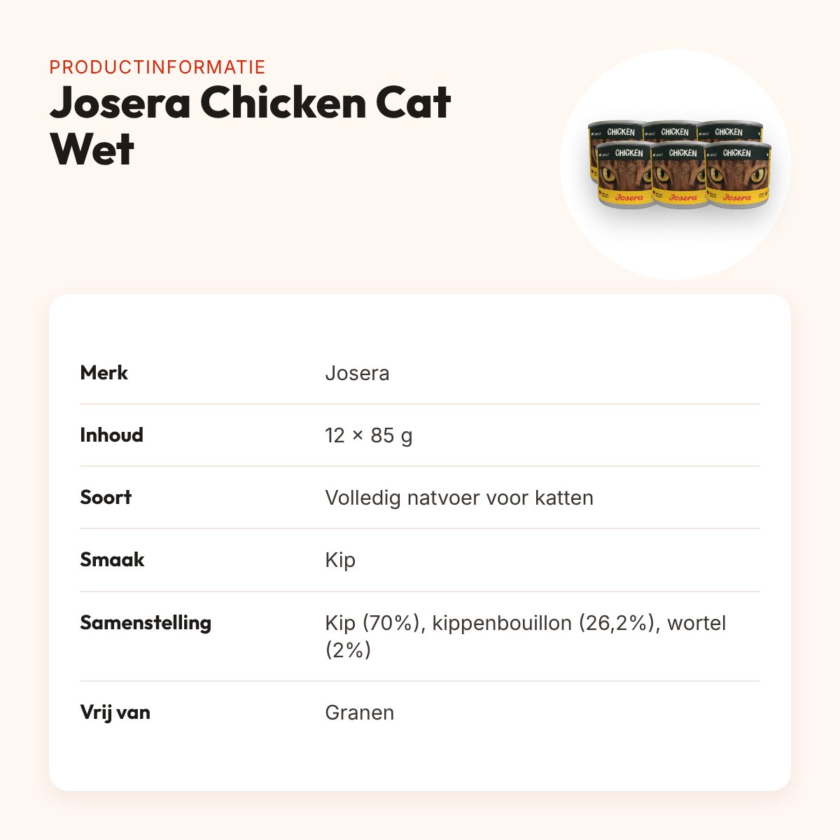Josera kattenvoer Chicken Cat Wet 12 x 85 g – graanvrij, 70% kip – productinformatie