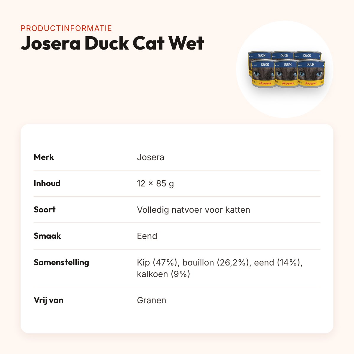 Josera kattenvoer Duck Cat Wet 12 x 85 g – graanvrij met eend – productinformatie
