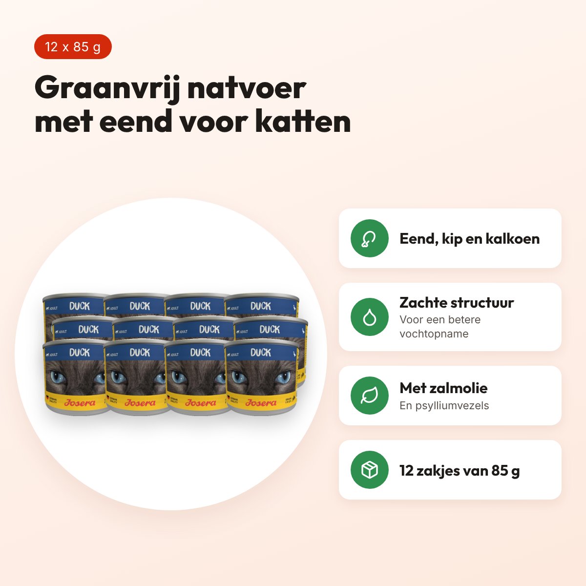 Josera kattenvoer Duck Cat Wet 12 x 85 g – graanvrij met eend – voordelen