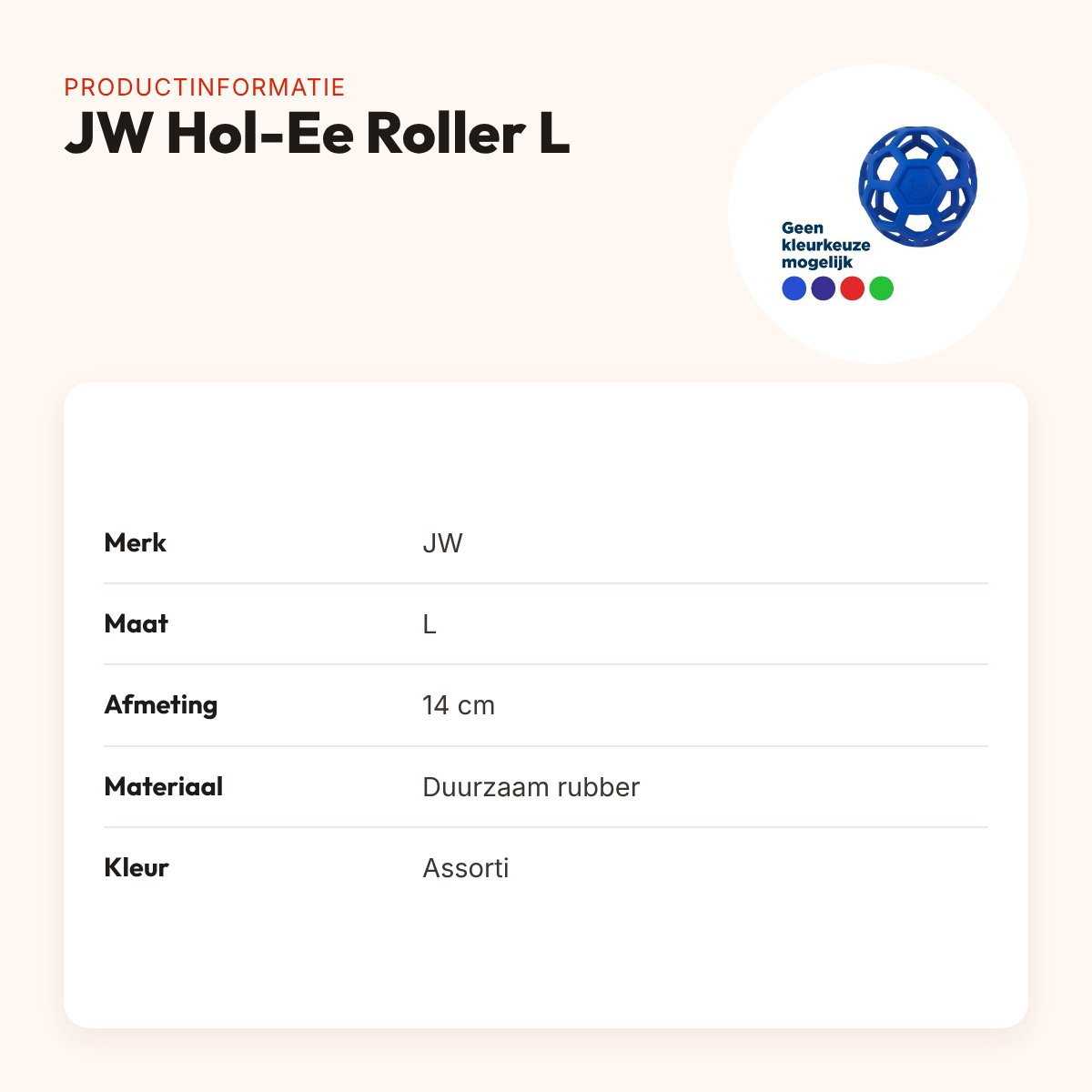 JW Hol-Ee Roller hondenbal L 14 cm – rubber, vulbaar met snacks, assorti – productinformatie