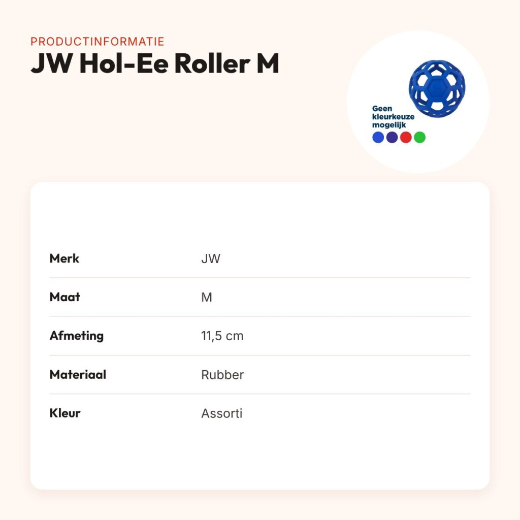 JW Hol-Ee Roller hondenbal M 11,5 cm – rubber, vulbaar, assorti – productinformatie