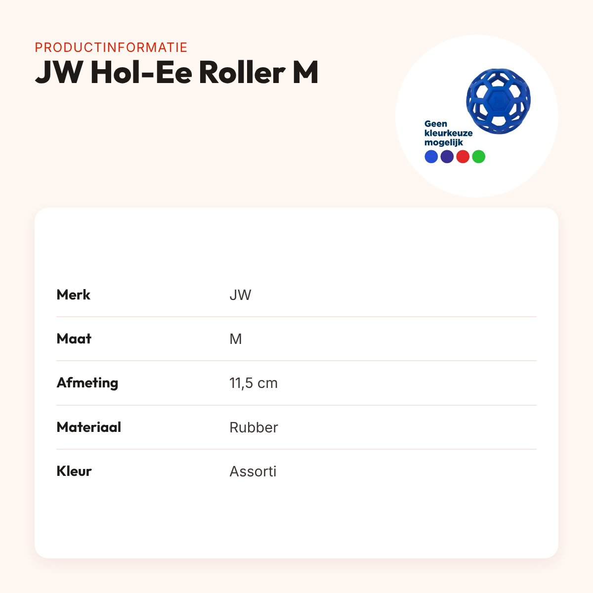 JW Hol-Ee Roller hondenbal M 11,5 cm – rubber, vulbaar, assorti – productinformatie