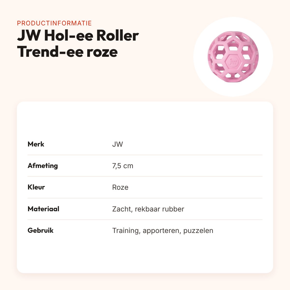 JW Hol-ee Roller Trend-ee hondenbal roze 7,5 cm – puzzelbal van rubber – productinformatie