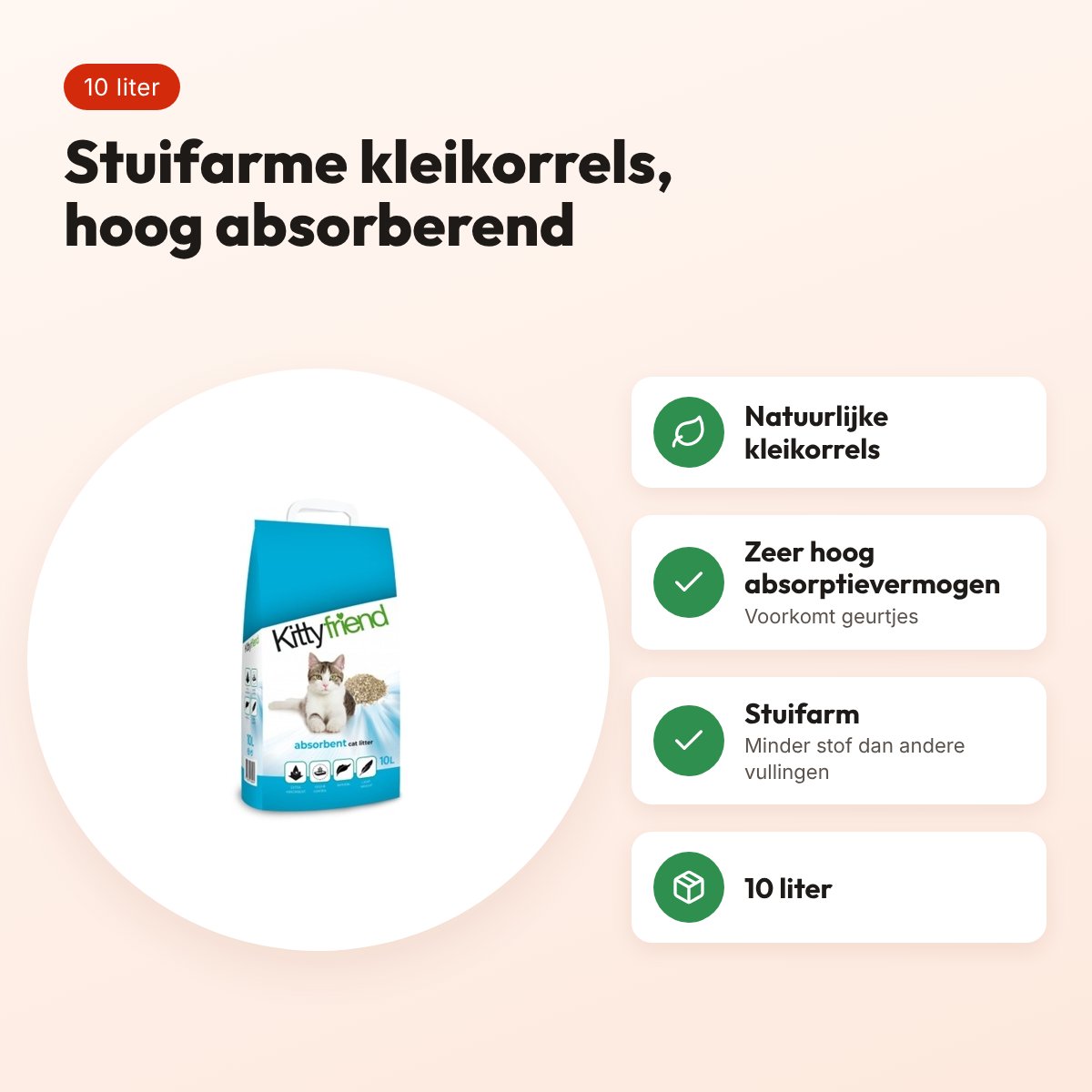 Kitty Friend Absorbents kattenbakvulling kleikorrels 10 liter – voordelen