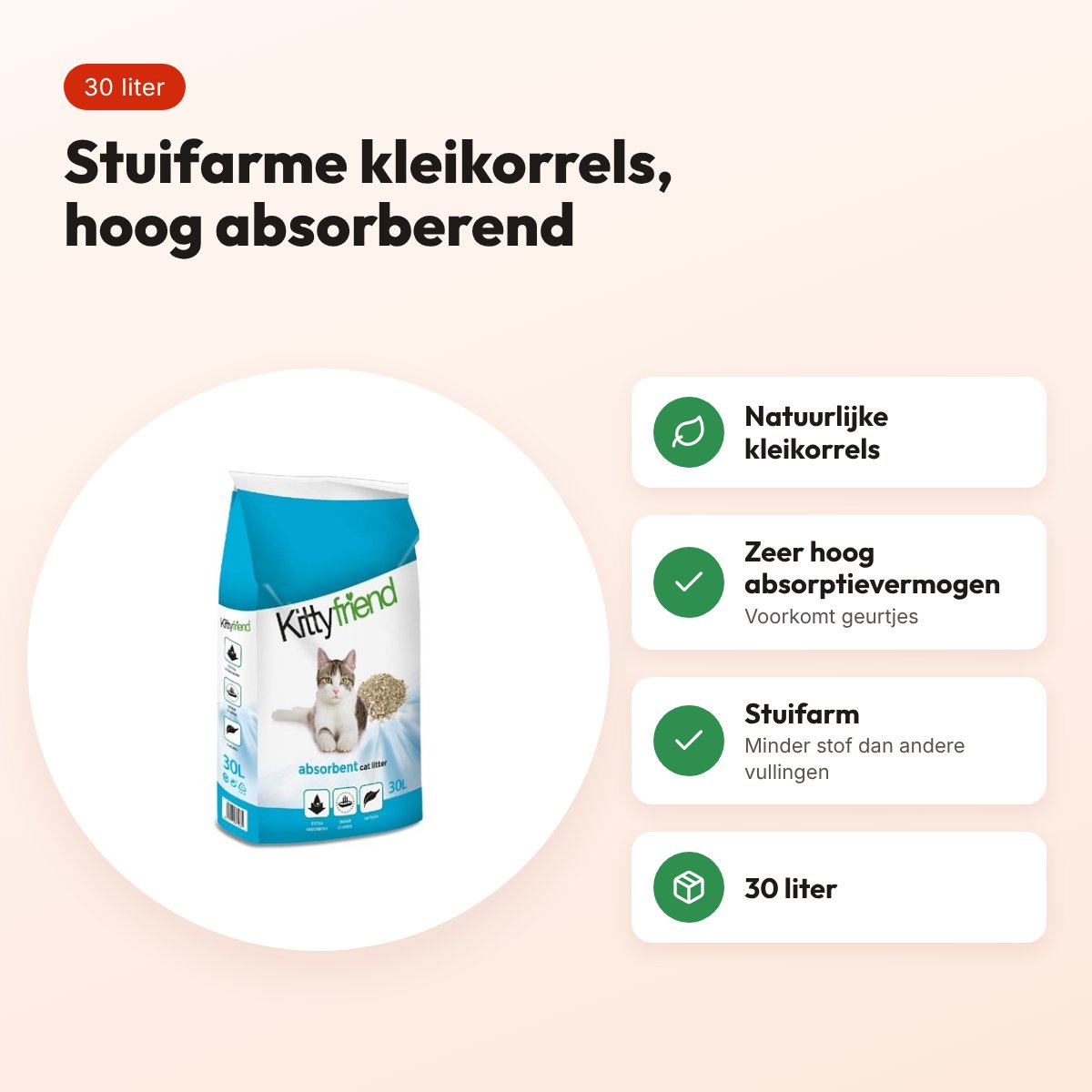 Kitty Friend Absorbents kattenbakvulling kleikorrels 30 liter – voordelen