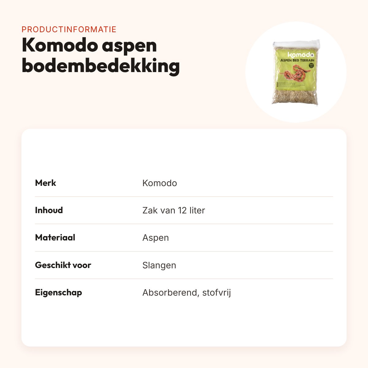 Komodo aspen bodembedekking 12 liter – absorberend en stofvrij voor slangen – productinformatie