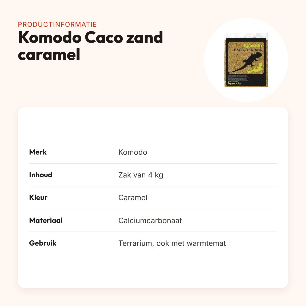 Komodo Caco zand caramel 4 kg – terrariumzand van calciumcarbonaat – productinformatie