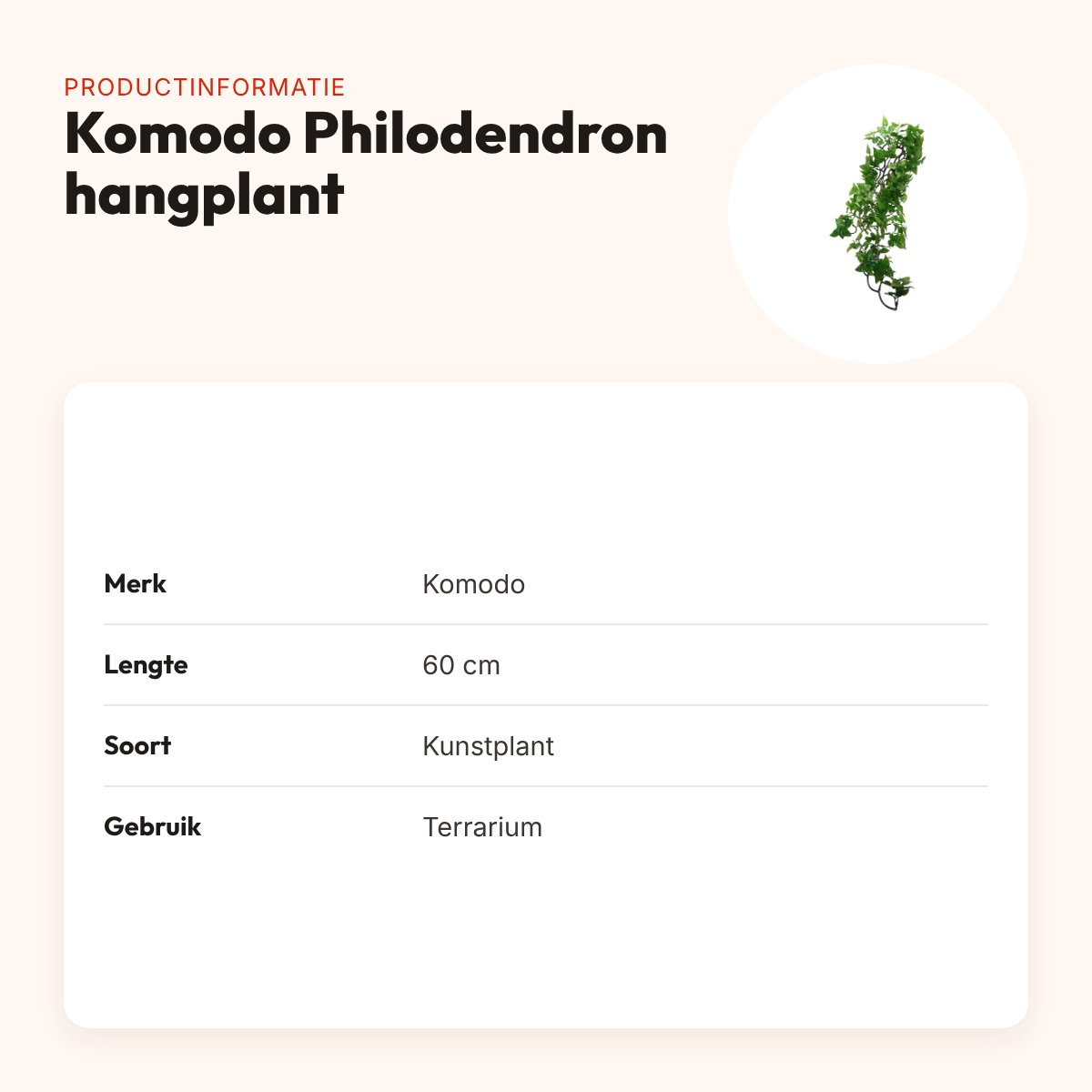 Komodo Philodendron hangplant 60 cm – kunstplant voor terrarium – productinformatie