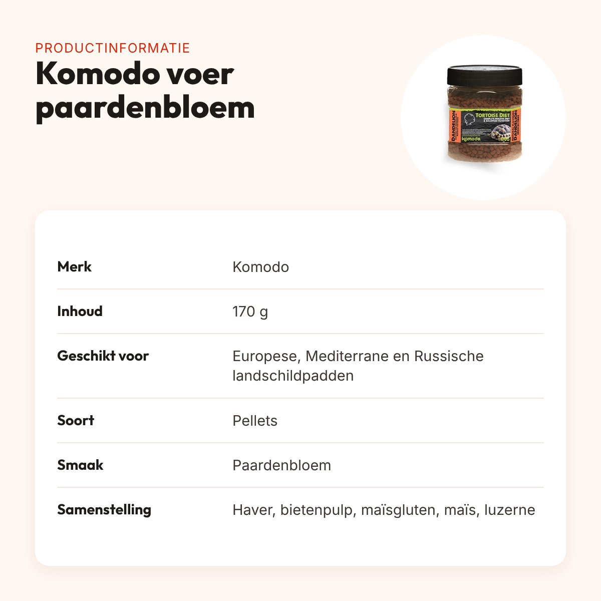 Komodo schildpaddenvoer paardenbloem 170 g – pellets voor landschildpadden – productinformatie
