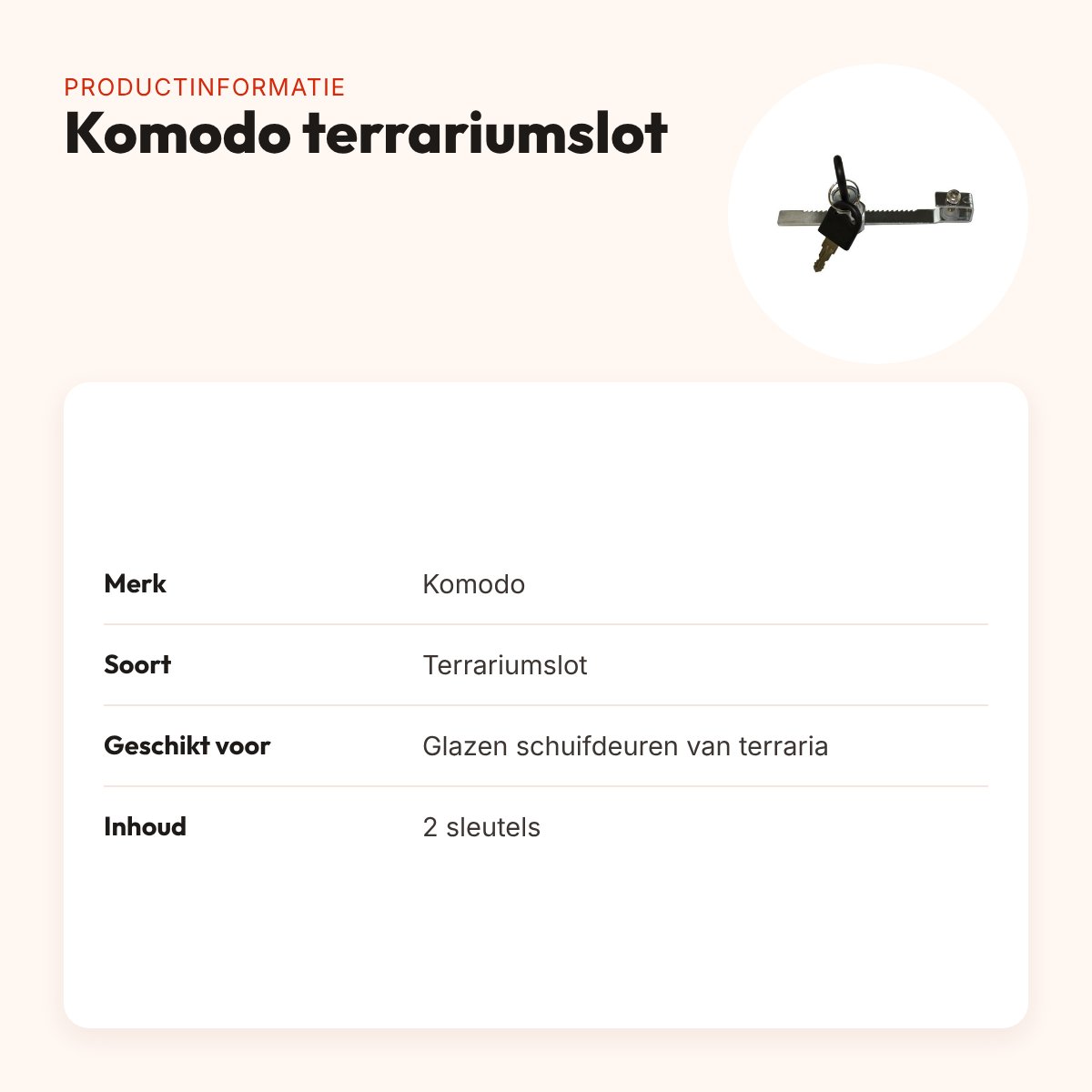 Komodo terrariumslot voor glazen schuifdeur – inclusief 2 sleutels – productinformatie
