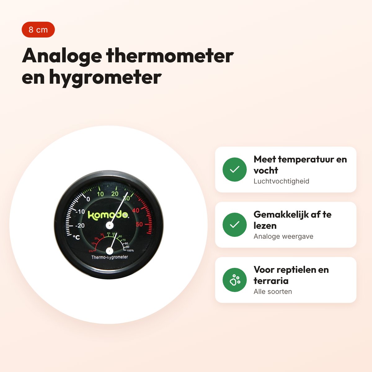Komodo thermometer en hygrometer analoog ø 8 cm – zwart – voordelen