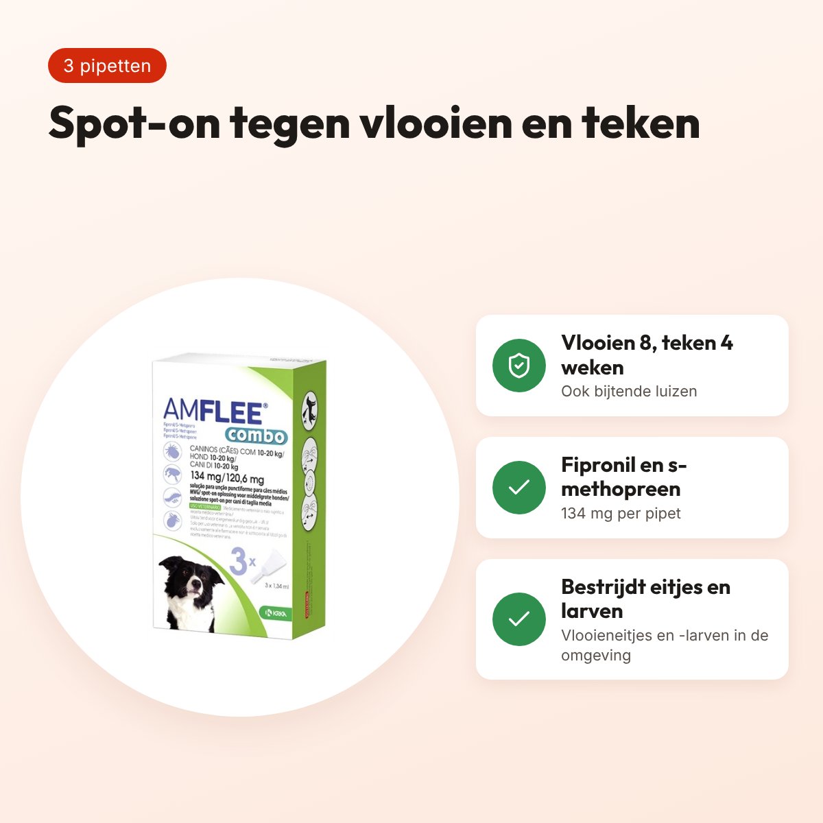 Krka Amflee Combo spot-on hond 10-20 kg 134 mg – 3 pipetten – voordelen