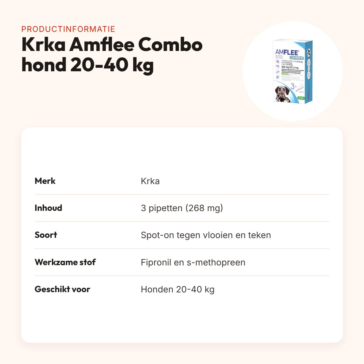 Krka Amflee Combo spot-on hond 20-40 kg 268 mg – 3 pipetten – productinformatie