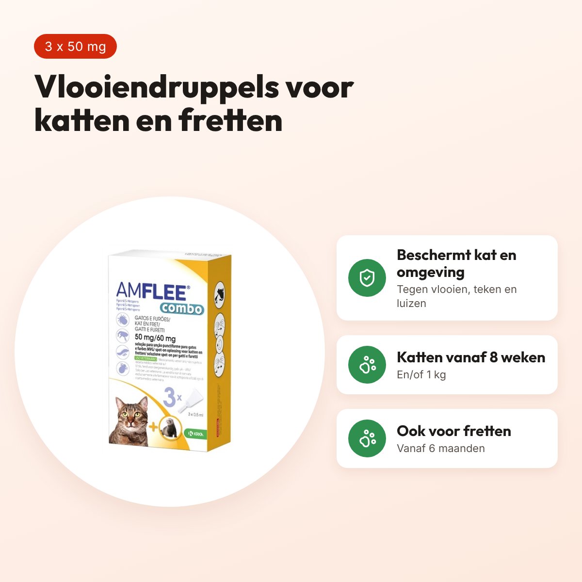 Krka Amflee Combo vlooiendruppels kat 50 mg – 3 pipetten, ook voor fretten – voordelen