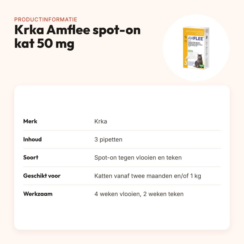 Krka Amflee spot-on kat 50 mg – 3 pipetten tegen vlooien en teken – productinformatie