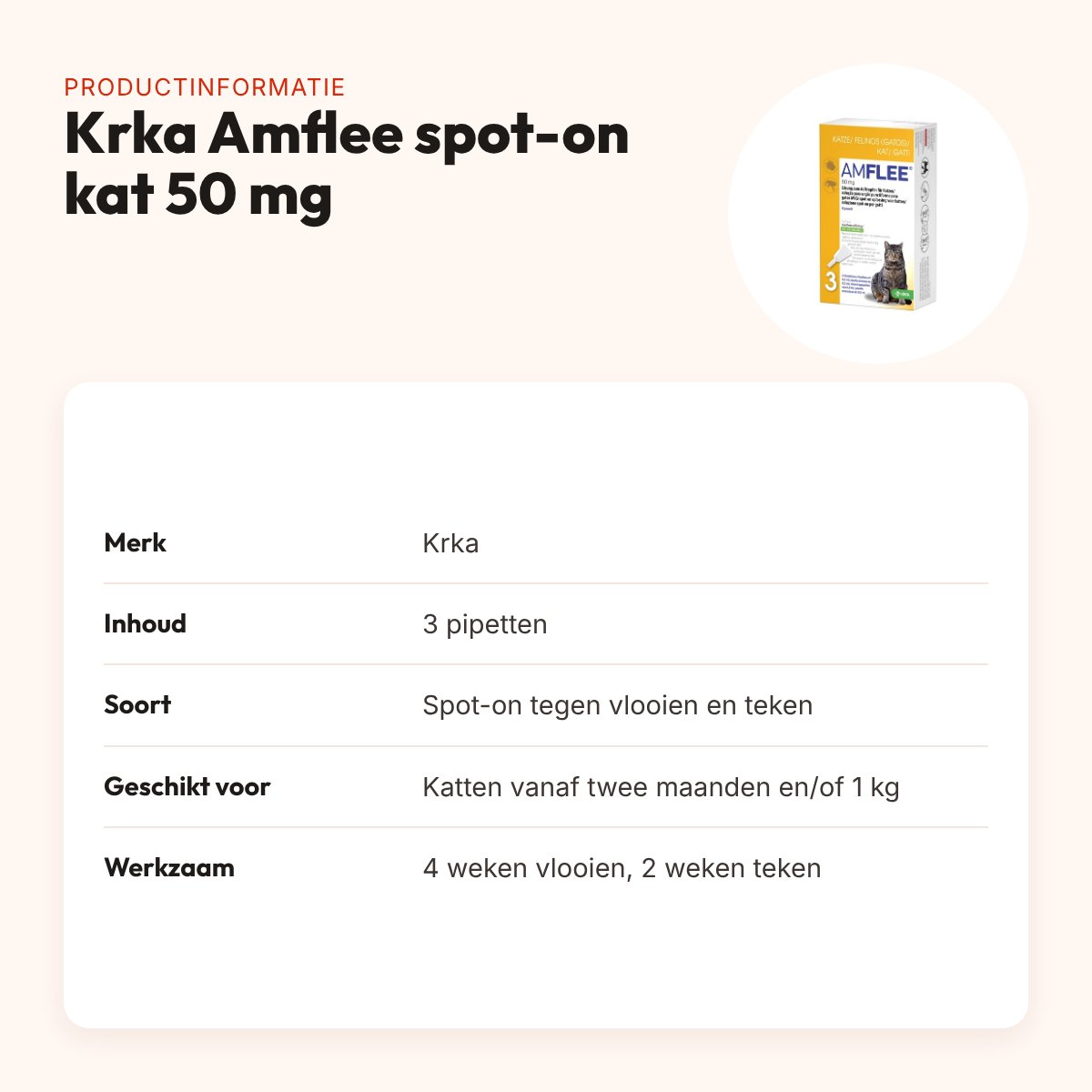 Krka Amflee spot-on kat 50 mg – 3 pipetten tegen vlooien en teken – productinformatie