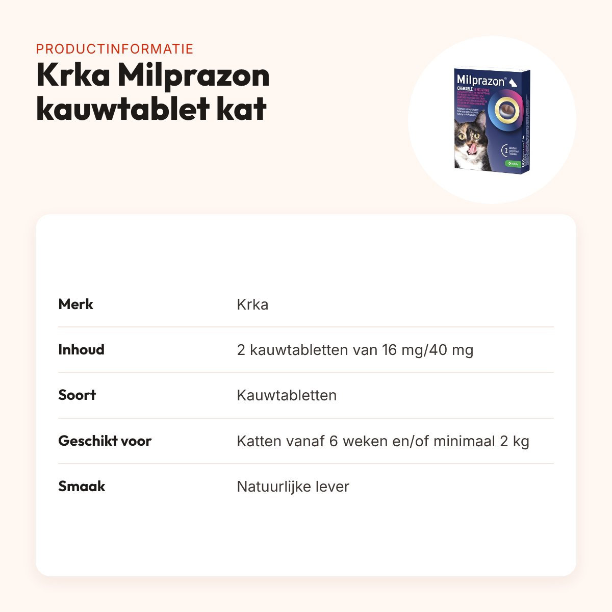 Krka Milprazon kauwtabletten kat 16 mg/40 mg – 2 tabletten, leversmaak – productinformatie