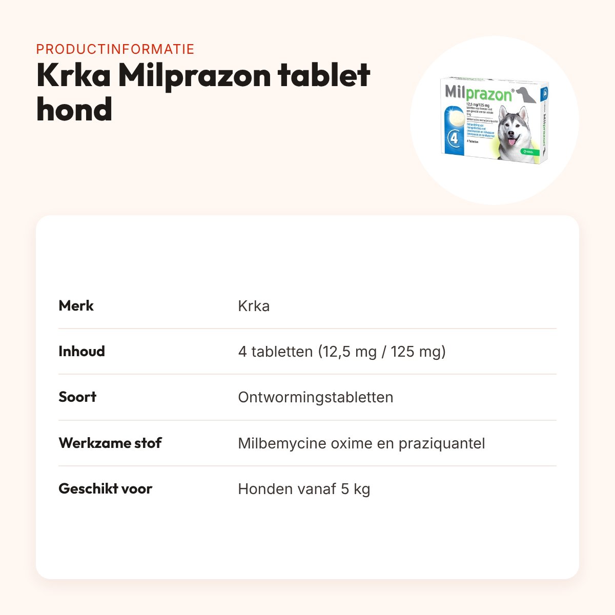 Krka Milprazon ontwormingstabletten hond vanaf 5 kg 12,5 mg – 4 tabletten – productinformatie