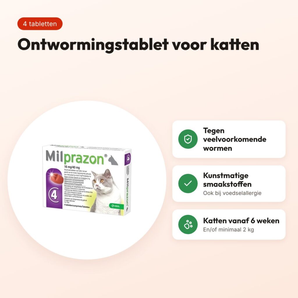 Krka Milprazon ontwormingstabletten kat 16 mg/40 mg – 4 tabletten – voordelen