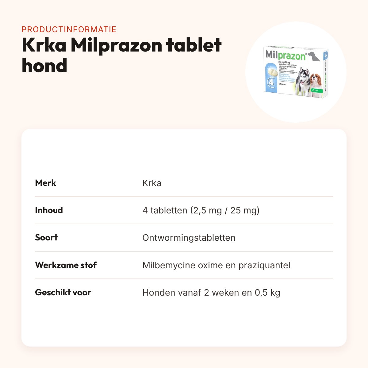 Krka Milprazon ontwormingstabletten kleine hond 0,5 kg 2,5 mg – 4 tabletten – productinformatie