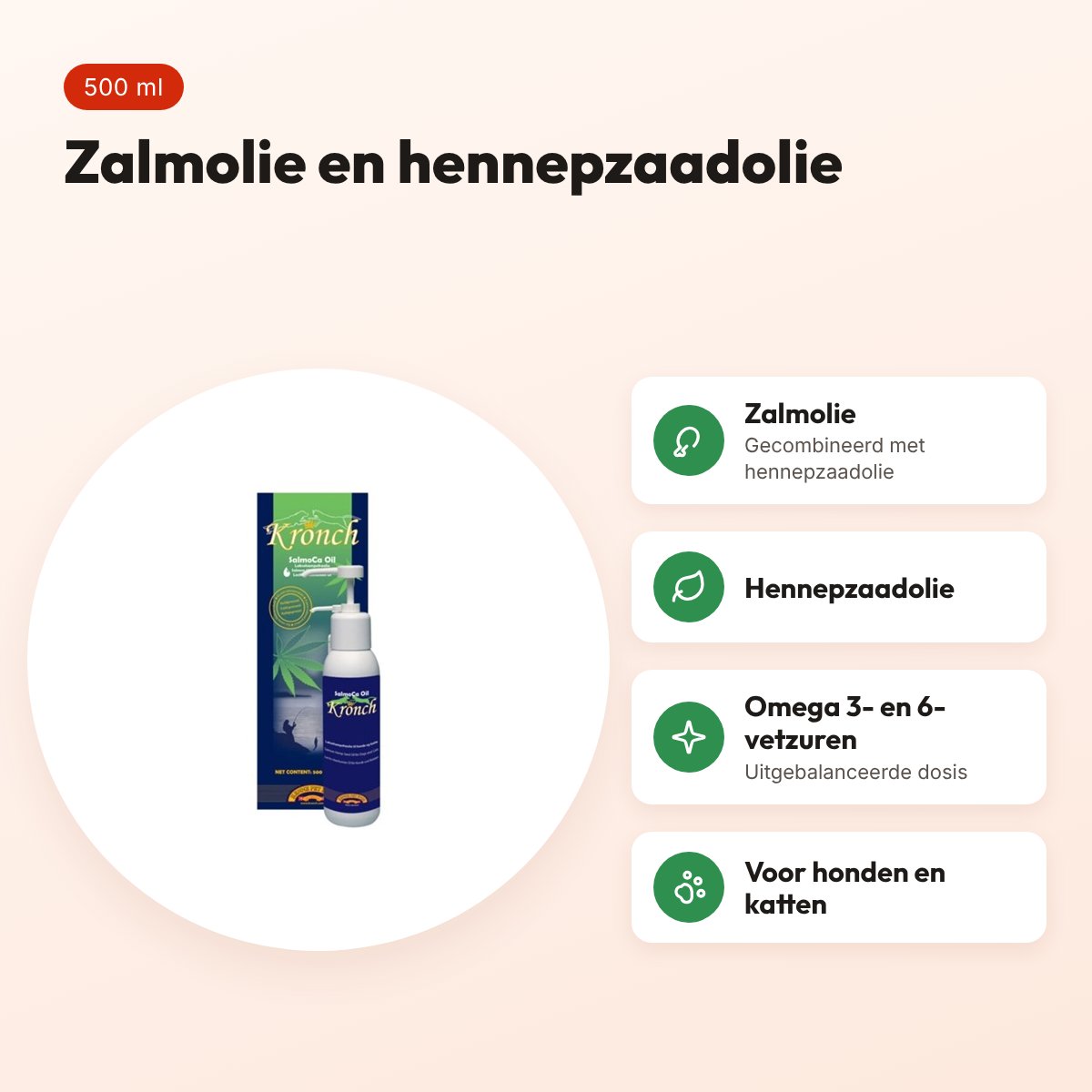 Kronch Salmoca zalmolie en hennepzaadolie 500 ml – hond en kat – voordelen