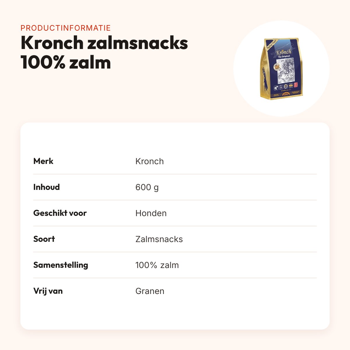 Kronch zalmsnacks 100% zalm 600 g – granenvrij voor honden – productinformatie