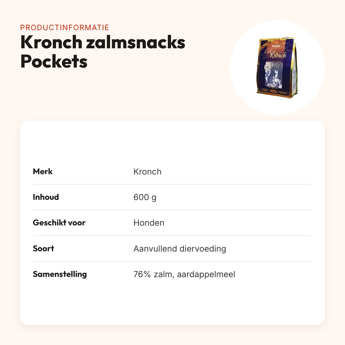 Kronch zalmsnacks Pockets 600 g – 76% zalm voor honden – productinformatie