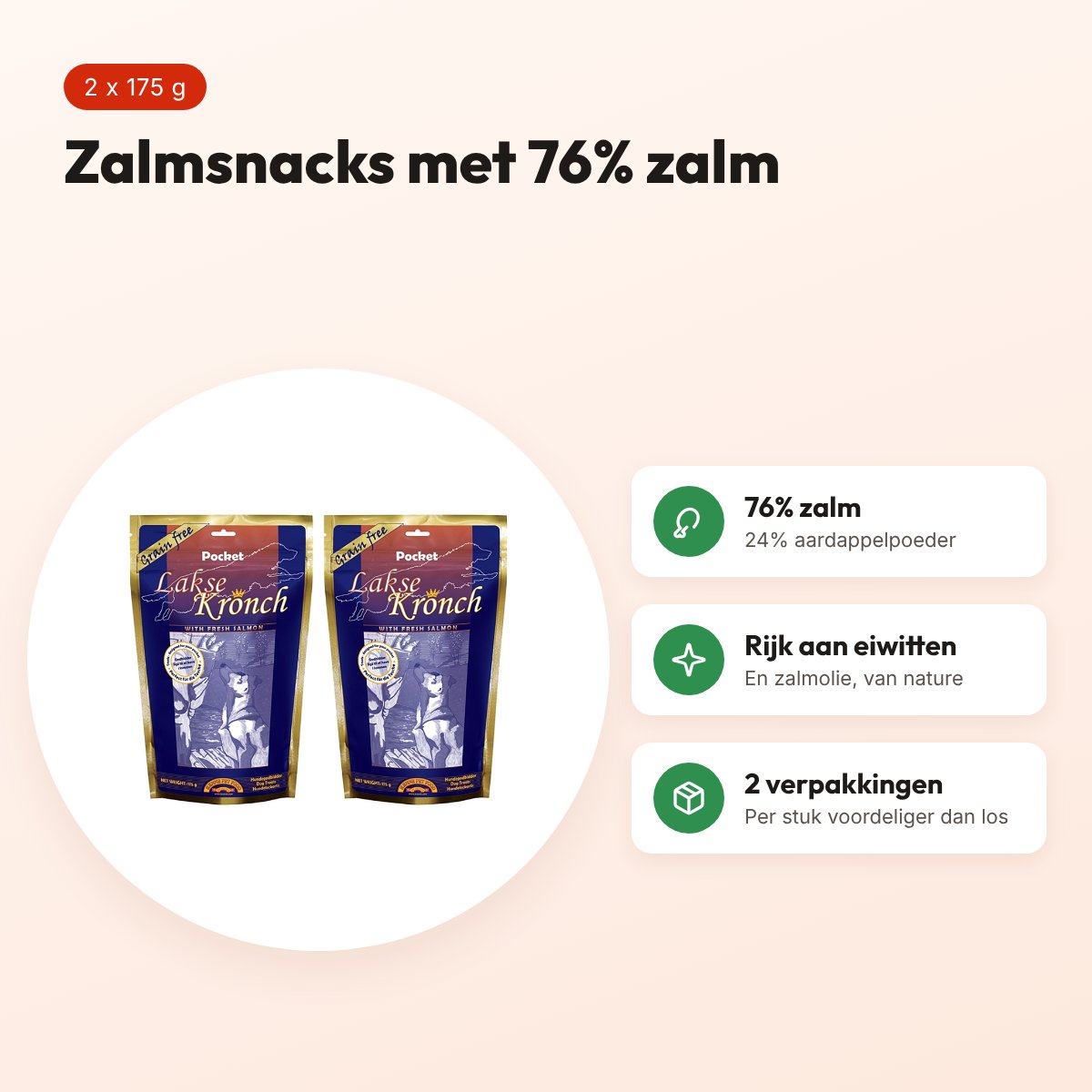 Kronch zalmsnacks pockets hond 175 g (76% zalm) – multipack 2 stuks – voordelen