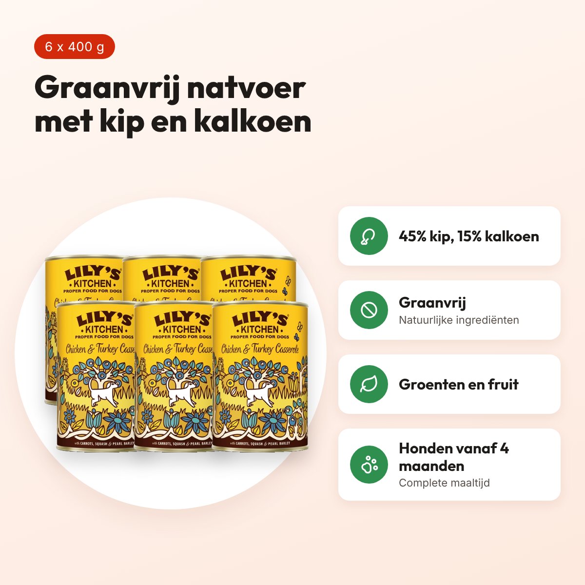 Lily's Kitchen hondenvoer Chicken/Turkey Casserole 6 x 400 g – graanvrij – voordelen