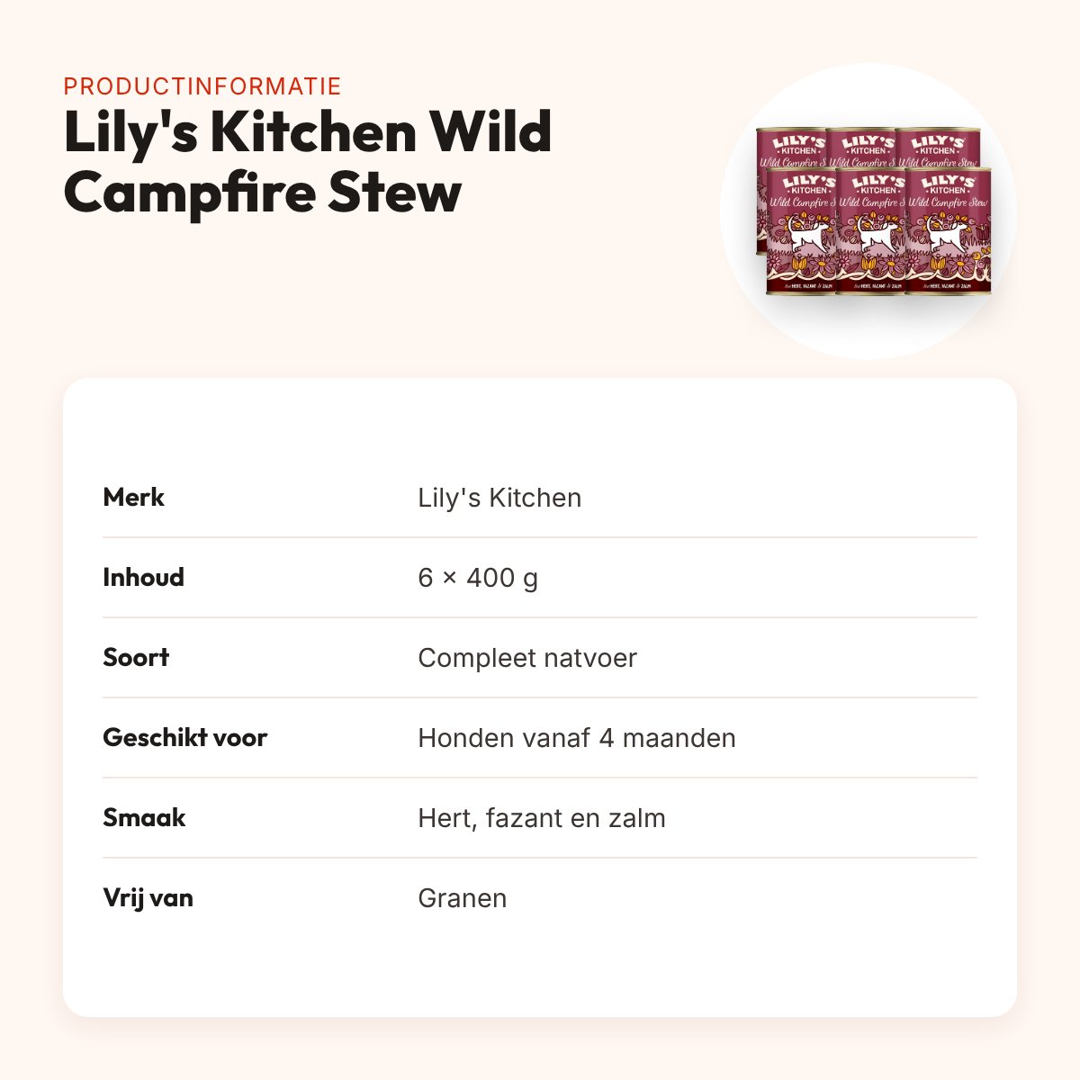 Lily's Kitchen hondenvoer Wild Campfire Stew 6 x 400 g – hert, fazant, zalm – productinformatie