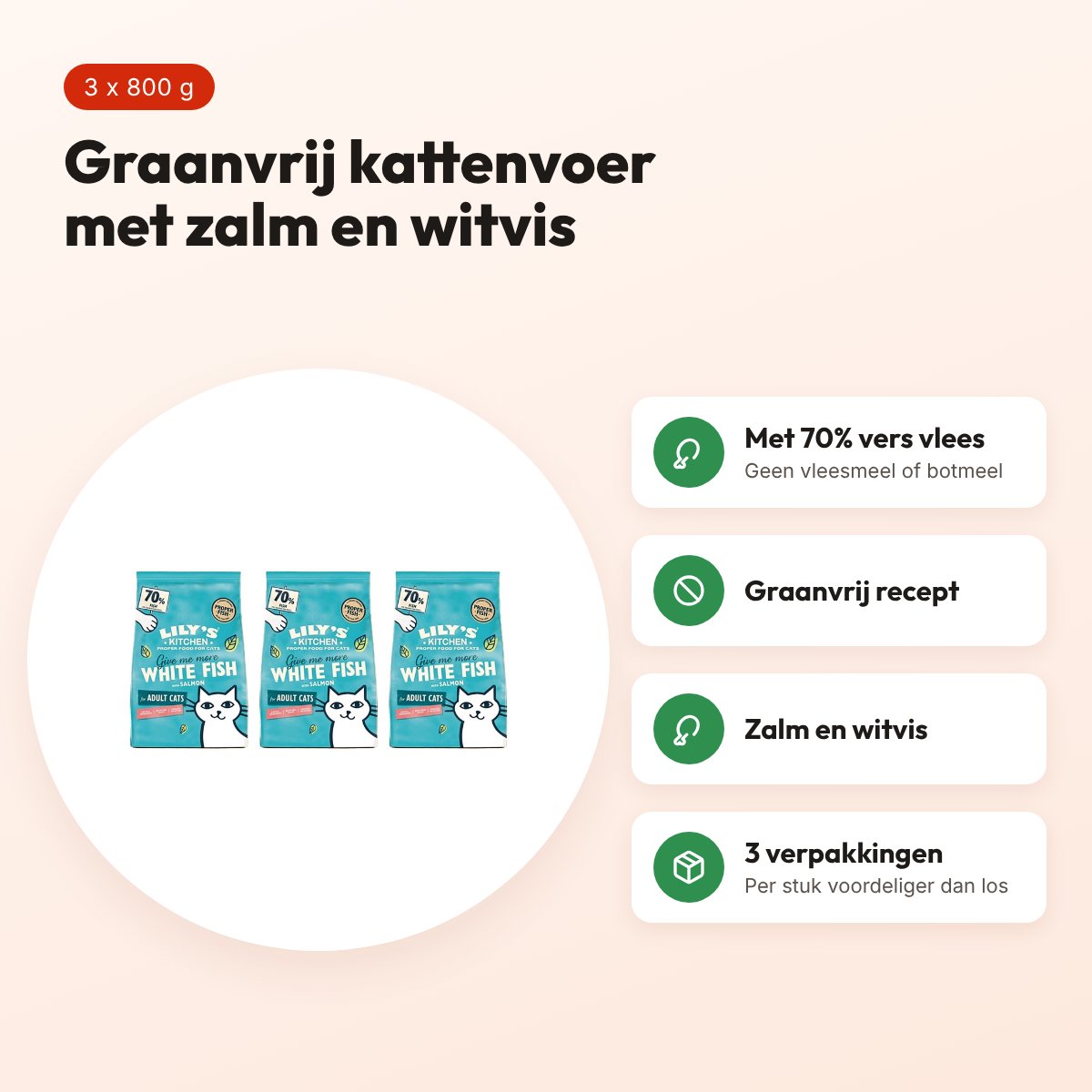 Lily's Kitchen kattenvoer vis met zalm en witvis 800 g – multipack 3 stuks – voordelen