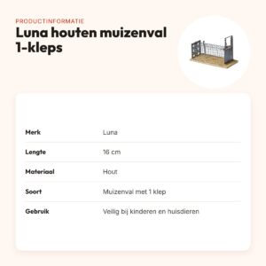 Luna houten muizenval 1-kleps 16 cm – veilig bij kinderen en huisdieren – productinformatie
