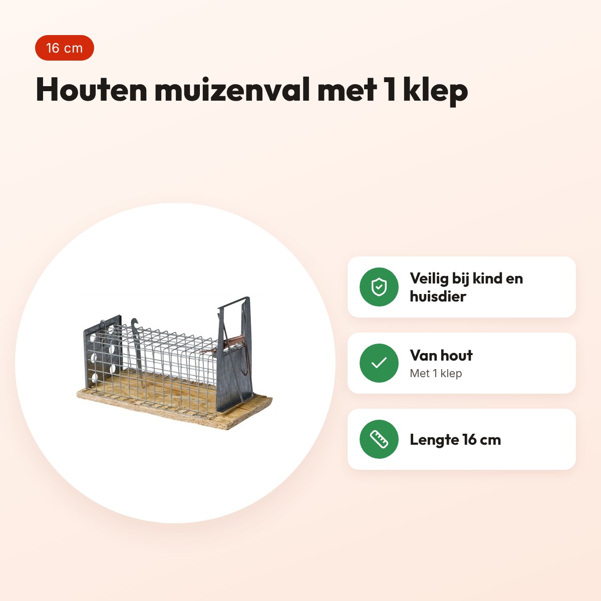 Luna houten muizenval 1-kleps 16 cm – veilig bij kinderen en huisdieren – voordelen