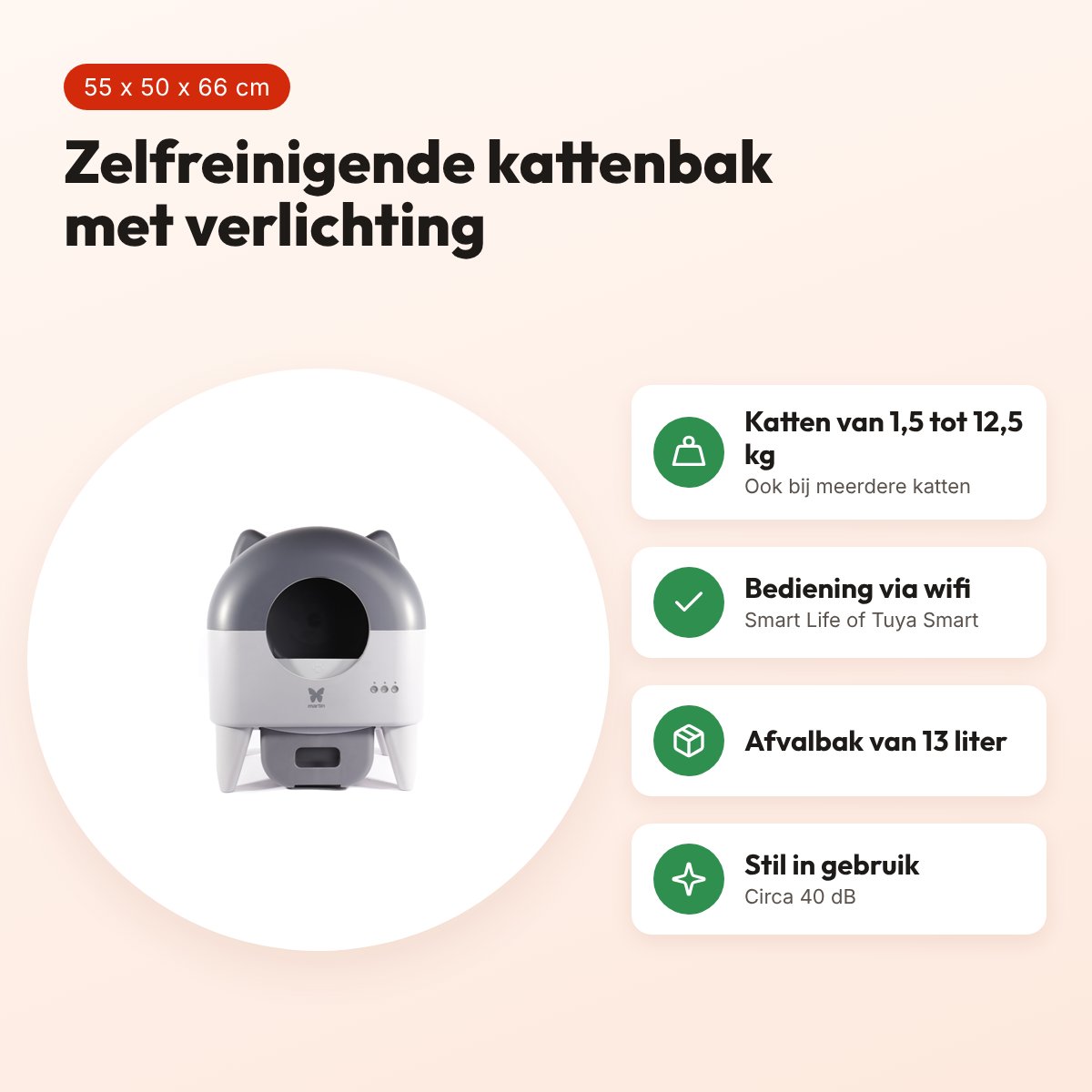 Martin automatische kattenbak met licht grijs/antraciet 55 x 50 x 66 cm – voordelen