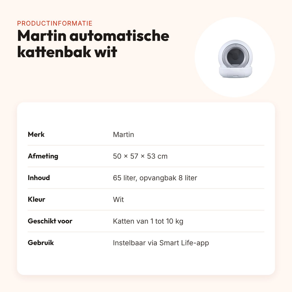 Martin automatische kattenbak wit 50 x 57 x 53 cm – voor katten tot 10 kg – productinformatie