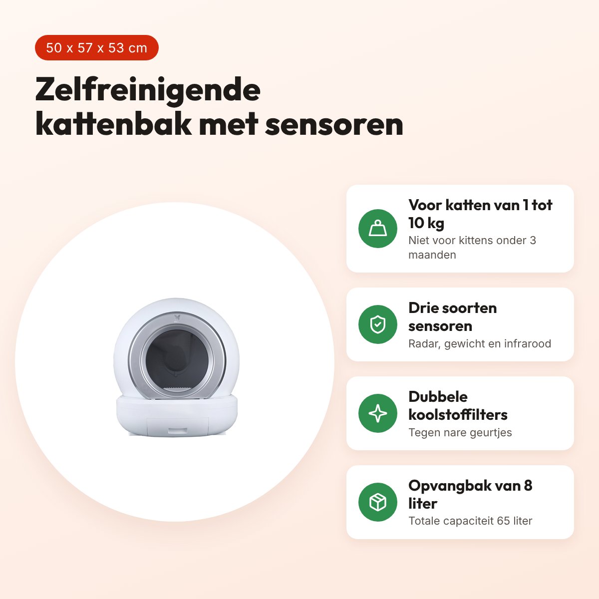 Martin automatische kattenbak wit 50 x 57 x 53 cm – voor katten tot 10 kg – voordelen