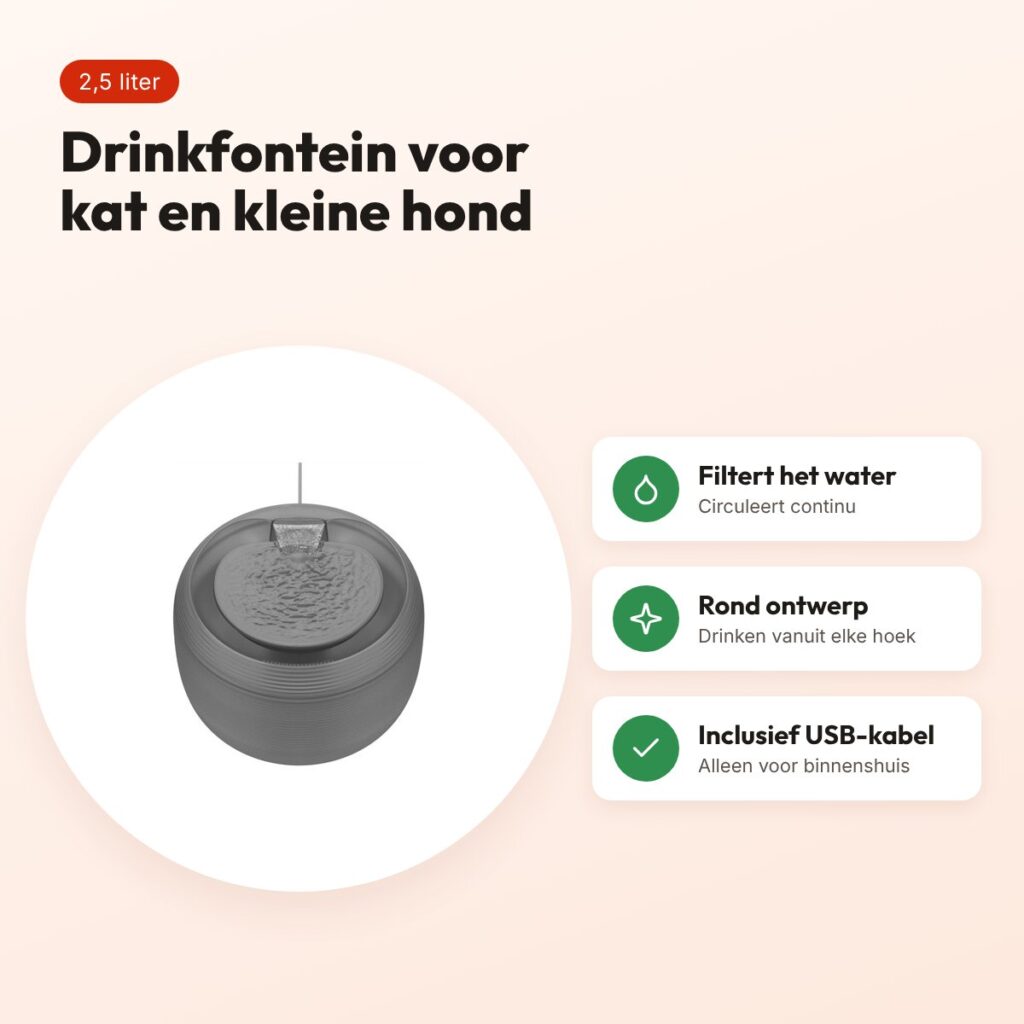 Martin drinkfontein voor kat en kleine hond zwart 2,5 liter – rond – voordelen
