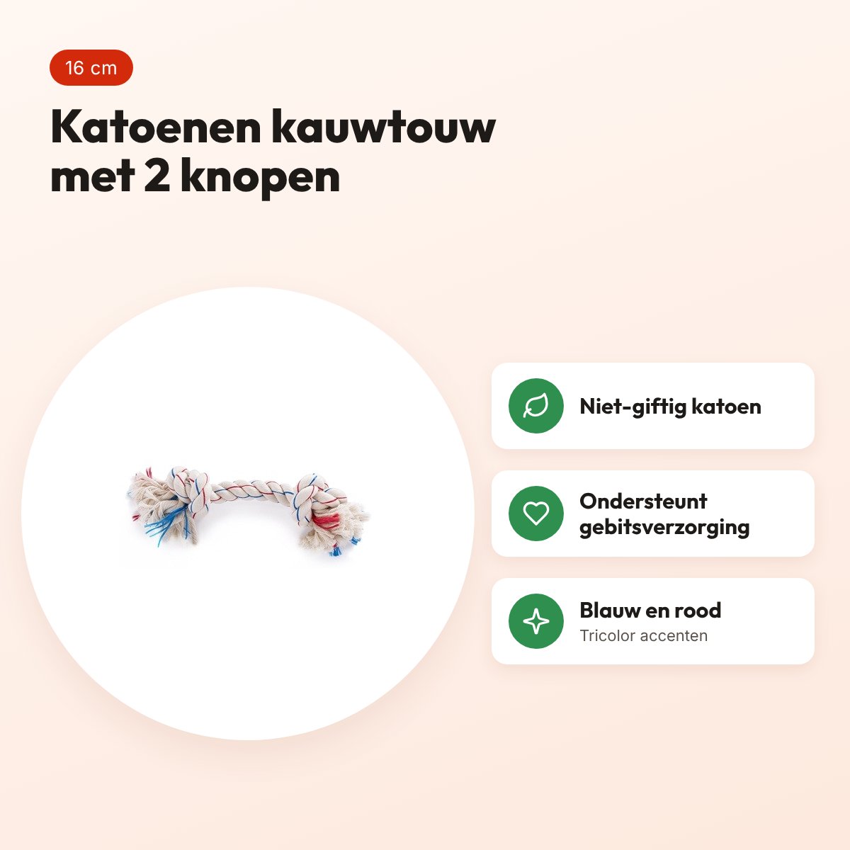Martin flostouw Tricolor 2 knopen 16 cm – kauwtouw van katoen – voordelen
