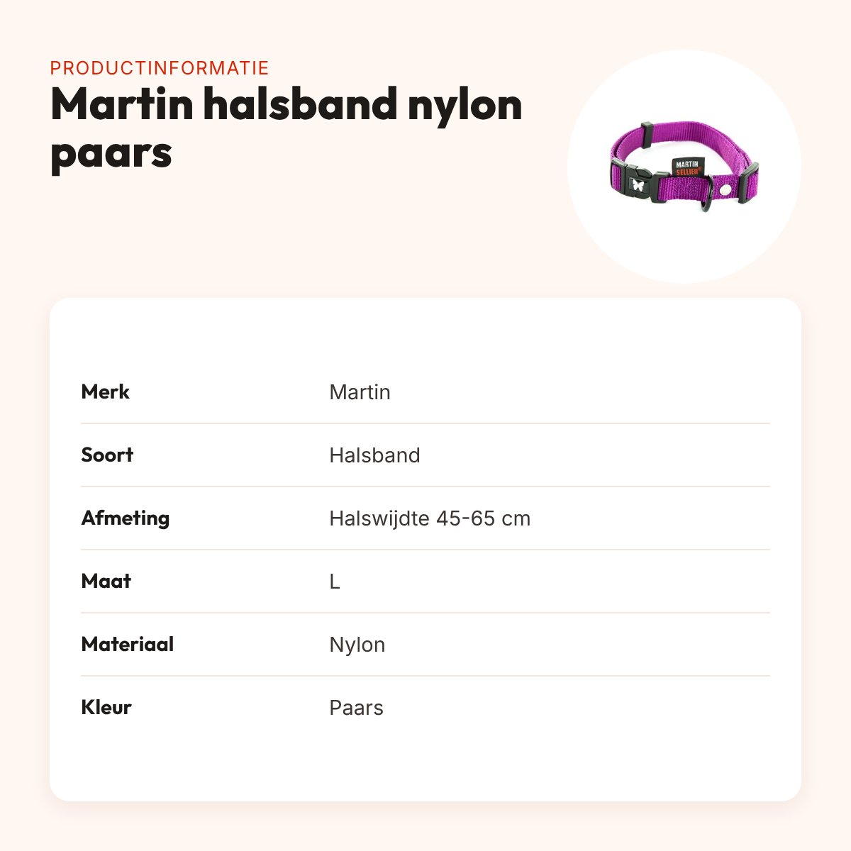 Martin halsband nylon paars 45-65 cm – verstelbaar, kliksluiting – productinformatie