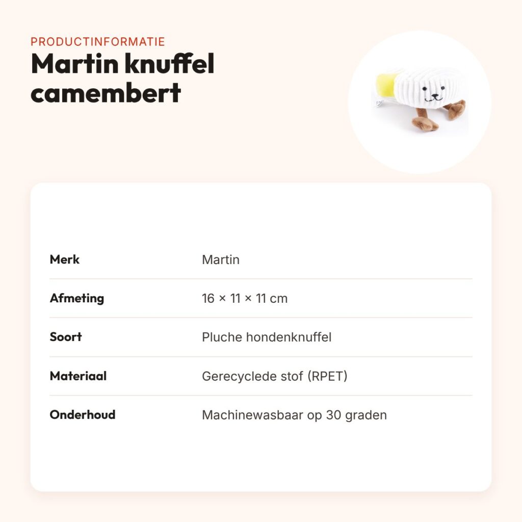 Martin hondenknuffel camembert 16 x 11 x 11 cm – pluche met pieper – productinformatie